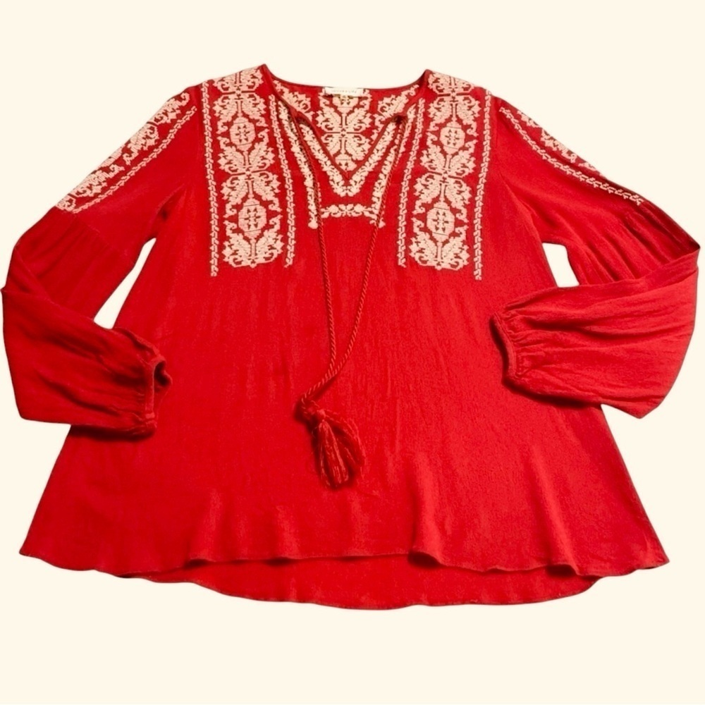 Sugar Lips Red Embroidered Boho Peasant Blouse Tassel Tie Long Sleeve Small - Picture 7 of 12